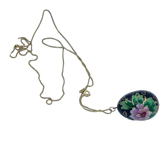 Vintage black Cloisonné black Easter egg shape long gold Sterling silver chain - Picture 2 of 13